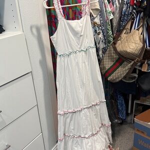 LOFT White Tiered Maxi Dress with Red and Green Trim